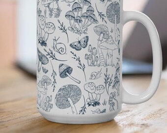 Whimsical Mushroom Coffee Mug - Navy Blue Line Art on White Background, Choose 11 or 15oz