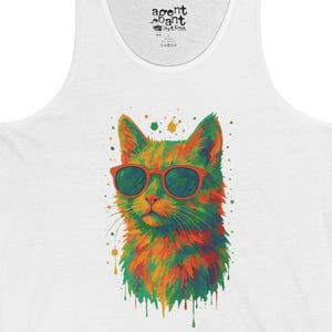 Colorful Cat Tank Top, Unisex Jersey Tank with Sunglasses Kitty, Vibrant Summer Cat Shirt, Festival Art Tee, Lightweight Rainbow Cat Top