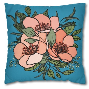 Peach Dog Rose Bouquet on Turquoise Square Pillow CASE ONLY Peachy-pink flower trio with variegated green foliage Image on both sides