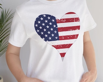 American Flag Heart Shirt, Patriotic Heart Tee, Distressed USA Graphic Shirt, Fourth of July Shirt, Unisex Americana Tee