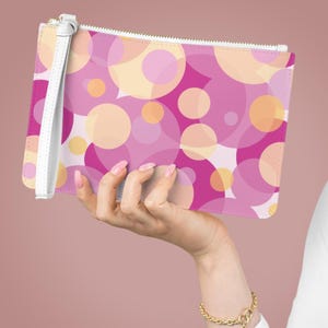 Bokeh Dots Clutch Bag, Unique Modern Wristlet in 10 Pattern Colors, Vegan Leather Saffiano Finish, Zipper Pouch with White Strap