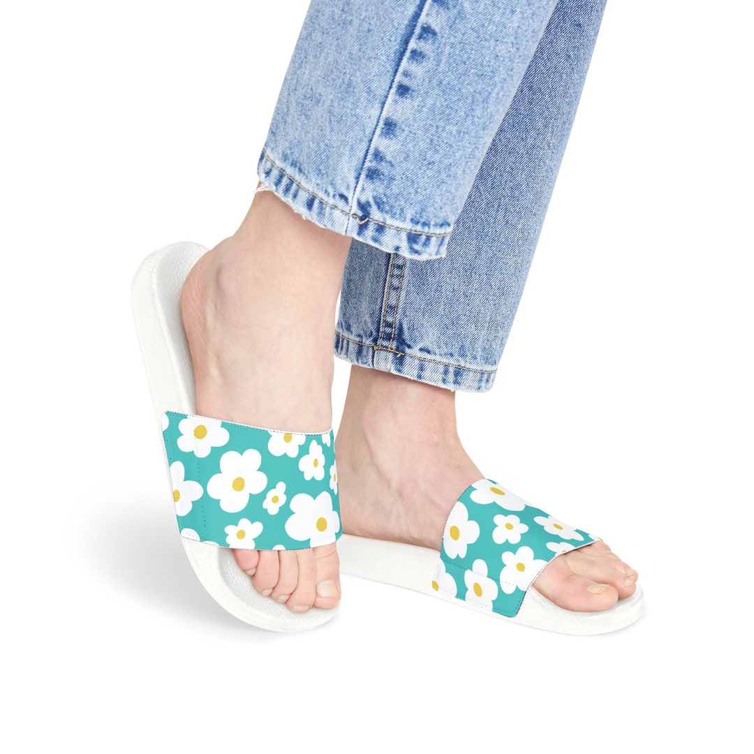 Whimsy Spring Sandals Womens Slide Sandals Whimsical Daisy Pattern on Turquoise Choose Black ...