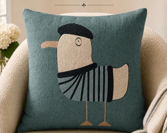 Woven Seagull Pillow, French Country Coastal Cottage Decor, Whimsical Parisian Accent, Bird Lover Gift