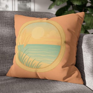 Coastal Sunset Throw Pillow, Summer Beach View, Ocean Porthole Cushion, Soft Pastel Seaside Decor, Full Pillow or Case Only,4 sizes 4 colors
