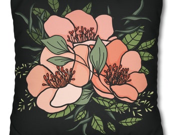 Peach Dog Rose Bouquet on Black Square Pillow CASE ONLY Peachy-pink flower trio with variegated green foliage Image on both sides