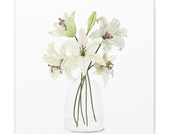 White Lilies in Vase Canvas Gallery Wrap Choose from sizes 8x8 - 16x16 Easter and spring decor Mother's Day Hand-drawn