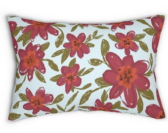 Whimsical Sketchy Florals Lumbar Pillow in fun pink orange & green shades Light blue base Includes pillow insert Fresh spring summer vibes