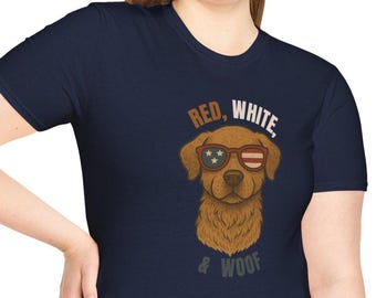 Patriotic Dog Shirt USA Sunglasses Tee, Red White & Woof Funny 4th of July Unisex T-Shirt, Soft Cotton Independence Day Dog Lover Gift