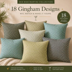 May include: A collection of square throw pillows in various colors, all featuring a gingham pattern. The pillows are in shades of green, black, and neutral tones. Text on the image reads "18 Gingham Designs" and "Mix, Match & Make it Yours."