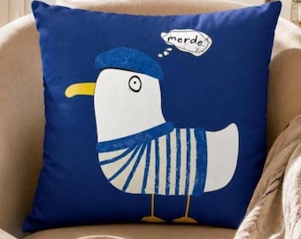 Funny Seagull Throw Pillow Cover, Sarcastic French Bird Cushion