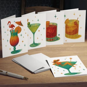 Lot de 5 cartes de correspondance pour cocktail modernes du milieu du siècle, cartes de correspondance vierges avec enveloppes, cartes de correspondance de bar rétro, papeterie boissons MCM