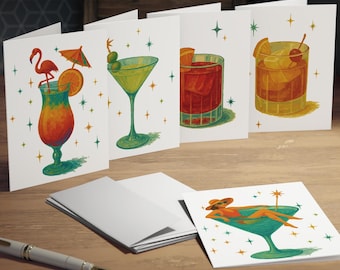 Mid Century Modern Cocktail Notecards Set of 5, Blank Note Cards with Envelopes, Retro Bar Note Cards, MCM Drinks Stationery