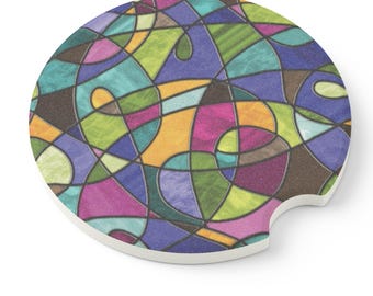 Vibrant Car Coaster, Stained Glass-Style, 14 Colors, Durable Soapstone, Absorbent & Stylish