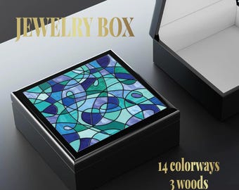Jewelry Box, Stained Glass-Inspired Art, 14 Colorways, 3 Woods, Colorful Abstract Art, Heirloom Keepsake, Gift for Her, Vanity Decor