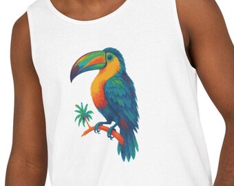 Colorful Toucan Tank Top, Tropical Bird Graphic Shirt, Bright Jungle Bird Tee, Unisex Cotton Tank, Summer Vacation Outfit, Exotic Gift