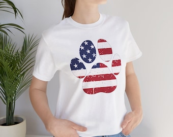 American Flag Paw Print Shirt, Patriotic Pet T Shirt, Distressed Americana Graphic Tee, Vintage USA Shirt, Fourth of July Tee