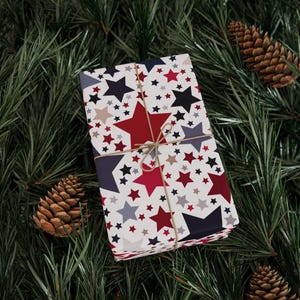 Americana Stars Wrapping Paper, Patriotic Gift Wrap, Folksy Red White & Blue, Holiday or Everyday Wrap, 3 Sizes, 2 Finishes image 3