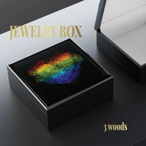 Rainbow Heart Jewelry Box, Brilliant Watercolor Keepsake Trinket Organizer, Locking Hinges, 3 Elegant Glossy Wood Finishes, Soft Felt Lining