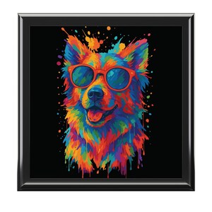 Colorful Dog Jewelry Box, Rainbow Splatter Dog with Sunglasses, Glossy Wood Keepsake Box with Ceramic Tile Lid, Gift for Dog Lover or Artist