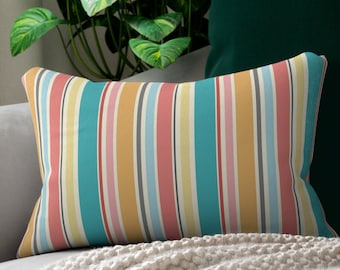Striped Lumbar Pillow, Colorful Decorative Throw Pillow, Modern Coastal Cushion, Double Sided Print, Orange Guava & Turquoise Shades