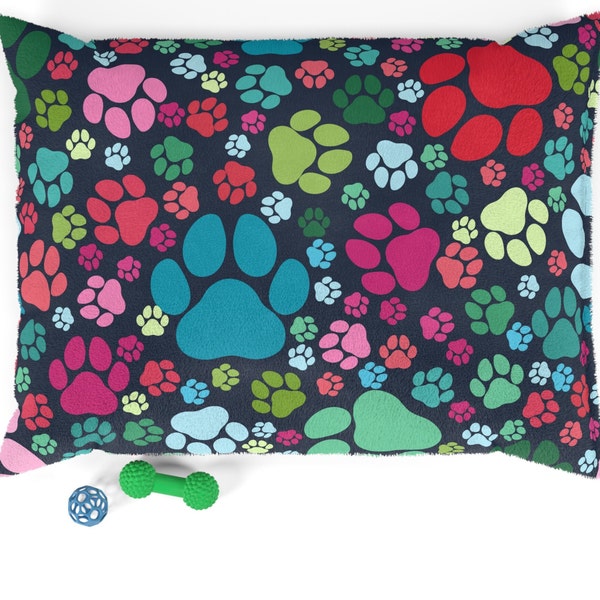 Pet Bed Paw Print Scatter Mid-Mod Christmas palette on dark blue 3 sizes available for big dogs and those that think they are