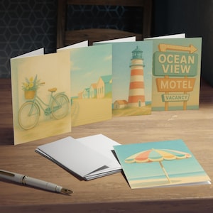 Lot de 5 cartes pour notes d'été côtières, cartes de voeux vierges sur le thème de la plage avec enveloppes, format A2 4,25 x 5,5, art océan pastel vintage