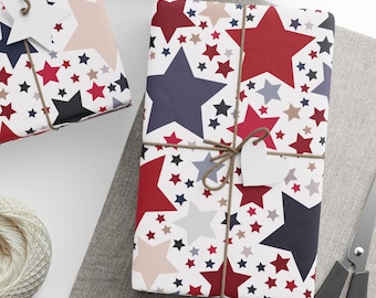Papel de regalo con estrellas americanas, papel patriótico, rojo, blanco y azul, ideal para fiestas o uso diario, 3 tamaños, 2 acabados