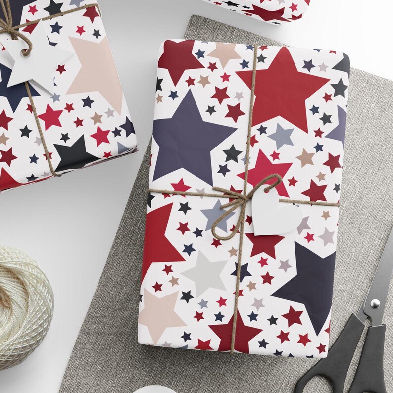 Americana Stars Wrapping Paper, Patriotic Gift Wrap, Folksy Red White & Blue, Holiday or Everyday Wrap, 3 Sizes, 2 Finishes image 1