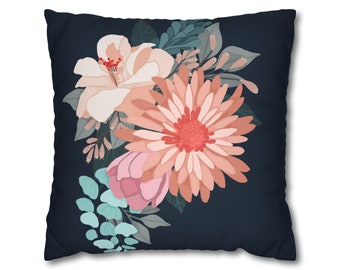 Bouquet of soft pinks & oranges on dark navy Square Pillow CASE ONLY Flowers surrounded by teal foliage Image on both sides of pillow cover