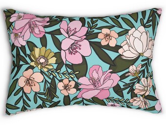 Soft Tropical Florals Lumbar Pillow in peach pink & green shades on aqua blue base Includes pillow insert Fresh spring summer vibes Tropical