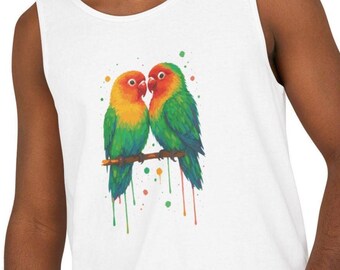 Neon Lovebirds Tank Top, Colorful Parrot Shirt, Tropical Bird Graphic Tee, Romantic Summer Tank, Splatter Pain Art, Animal Lover Gift