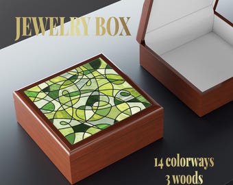 Stained Glass-Inspired Jewelry Box, Colorful Abstract Art, Rubberwood Vanity Decor, 3 Woods, 14 Colorways