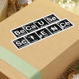 May include: A black and white sticker with the word "Because Science" spelled out using the chemical symbols for the elements Beryllium, Calcium, Uranium, Selenium, Scandium, Iodine, Einsteinium, Nitrogen, and Cerium.
