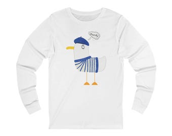 フレンチカモメシャツ、おもしろ長袖Tシャツ、メルデカモメシャツ、フレンチユーモアシャツ、皮肉な鳥シャツ、キュートな皮肉Tシャツ