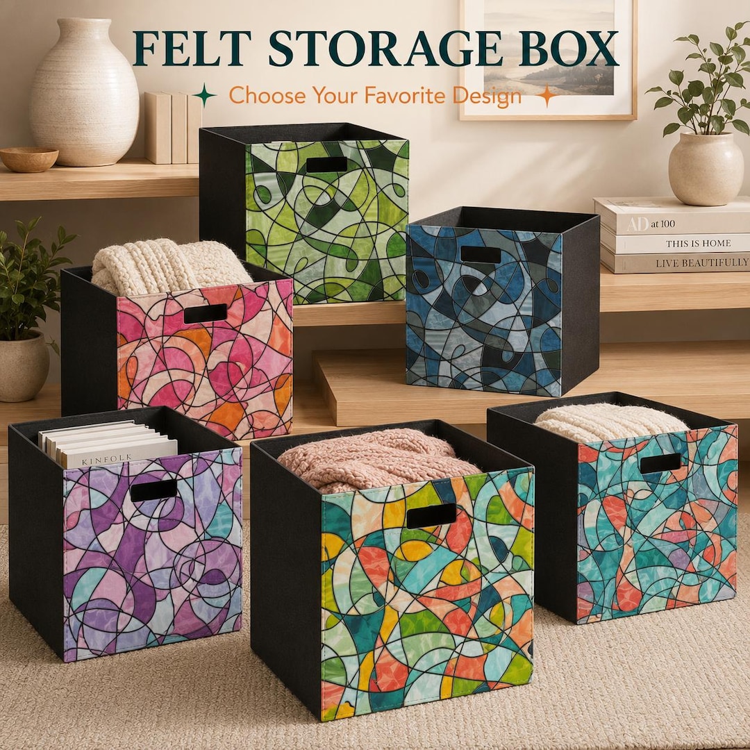 Decorative Storage Cube Bin, Stained Glass-inspired Felt Box, Fabric ...