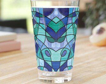 Stunning Pint Glass in a Stained Glass-Style Organic Abstract Design, 14 Color Palettes to Choose From