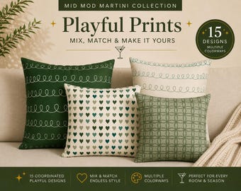 Playful Prints Throw Pillow Cover, Mid Century Modern Hearts, Doodles, Geometric Circles, Mid Mod Martini Collection, 15 Patterns, 7 Sizes