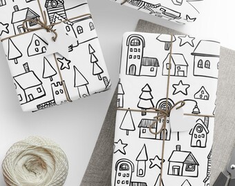 Presentpapper för julstad, presentpapper för mysig by, svarta och vita hus, skandinavisk stil, matta eller glansiga rullar, 3 storlekar