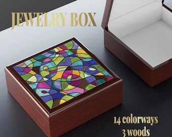 Jewelry Box, Stained Glass-Inspired Art, 3 Woods, 14 Colorways, Colorful Abstract Art, Heirloom Keepsake, Vanity Decor, Gift for Her