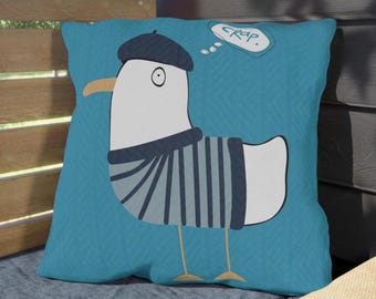 Funny Seagull Outdoor Pillow, French Bird Throw Pillow, Coastal Patio Decor, UV Resistant Porch Cushion, Quirky Nautical Accent, 3 sizes