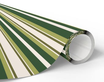 Papel de regalo elegante a rayas, verde oliva, impresión de alta calidad, papel de bellas artes de 90 g/m², 3 tamaños de rollo, ideal para festividades y ocasiones especiales.