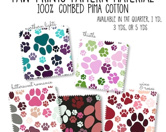 Paw Print Pattern Fabric, Purples + Wines, 5 Color Combos, 100% Combed Cotton Pima, 4 Sizes, Free Shipping, Pet Lover Craft & Sewing Fabric