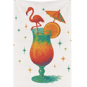 Flamingo Cocktail Retro Tea Towel, Mid Century Modern Kitschy Bar Decor, MCM Cocktail Kitchen Towel, Cotton or Polyester, Tiki Drink Art