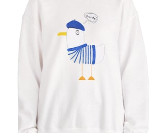 Fransk mås-tröja, rolig svettfågel-tröja, välj franska eller engelska utropstecken eller inget, udda mysig unisex-tröja