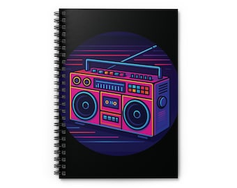 Retro Boombox Spiral Notebook, 80s Music Journal, Lined 6x8, Neon Vaporwave Stationery, DJ Gift Idea, Old School Hip Hop Notebook