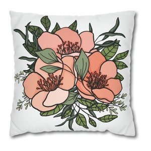 Peach Dog Rose Bouquet on Square Pillow CASE ONLY Peachy-pink flower trio with variegated green foliage Image on both sides