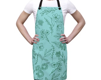 Wildflowers Apron (AOP) Green Line Art on Turquoise Background Beautiful print for home + work Contact for bulk/personalized/branded orders