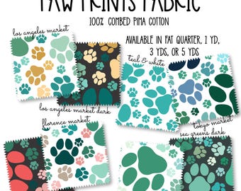 Mönstertyg med tassavtryck, 100 % bomull Pima, blågrön färgställning