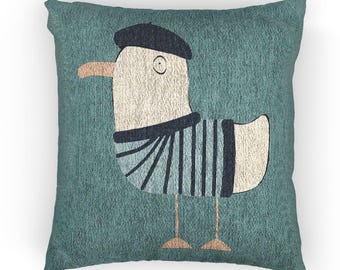 French Seagull Woven Pillow - 17"x18", Bird in Striped Sweater & Beret Design, Nautical Coastal Parisian Home Décor Cushion