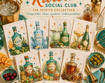 Retro Spirits Bar/Tea Towel, Riviera Social Club Collection, Vintage Cocktail Bar Decor, Choice of 8 Incl. Gin, Vodka, Rum, Bourbon, Tequila